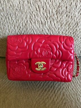 Red Quilted Camellia Crossbody Bag with Gold Hardware